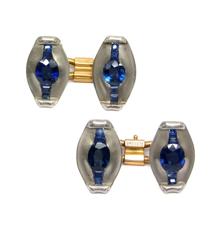 Pair of French platinum and sapphire cufflinks